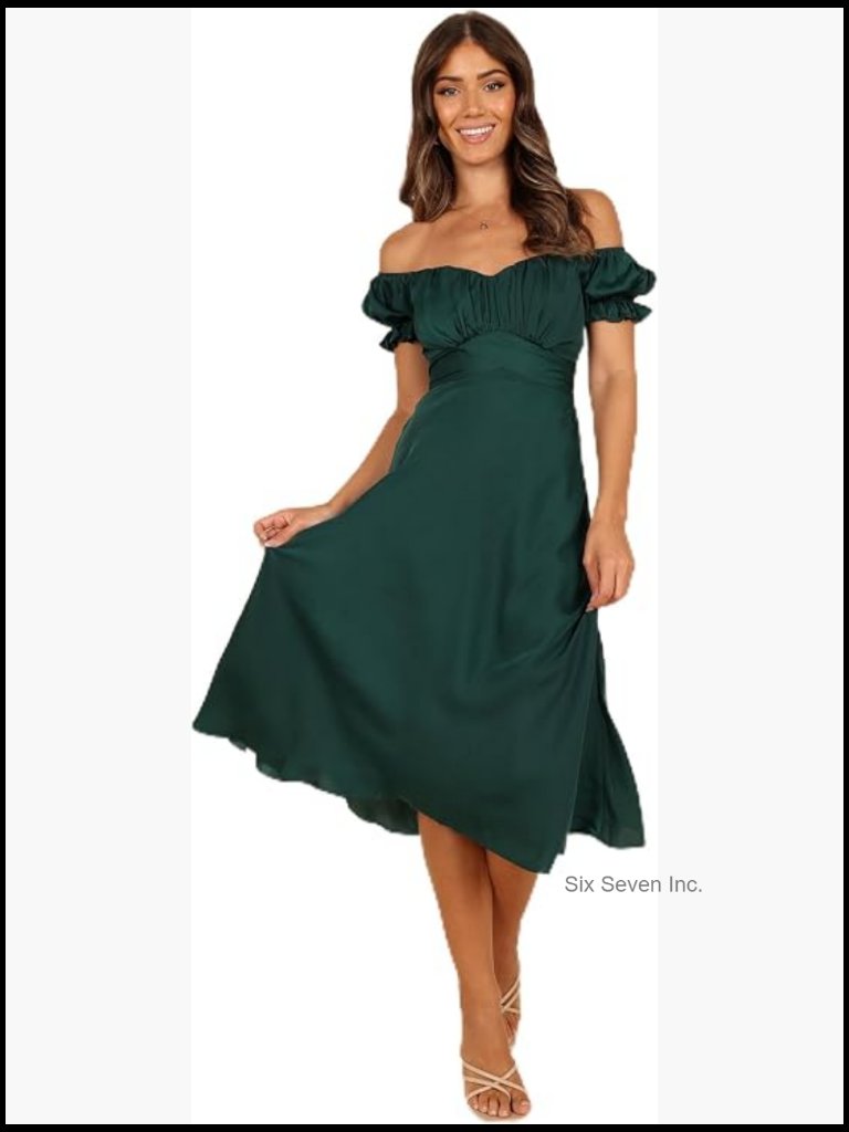 Off Shoulder Midi Cocktail Dress With Sweetheart Neckline And Short Sleeves